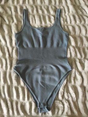 OQQ Light Blue Ribbed Square Neck Bodysuit